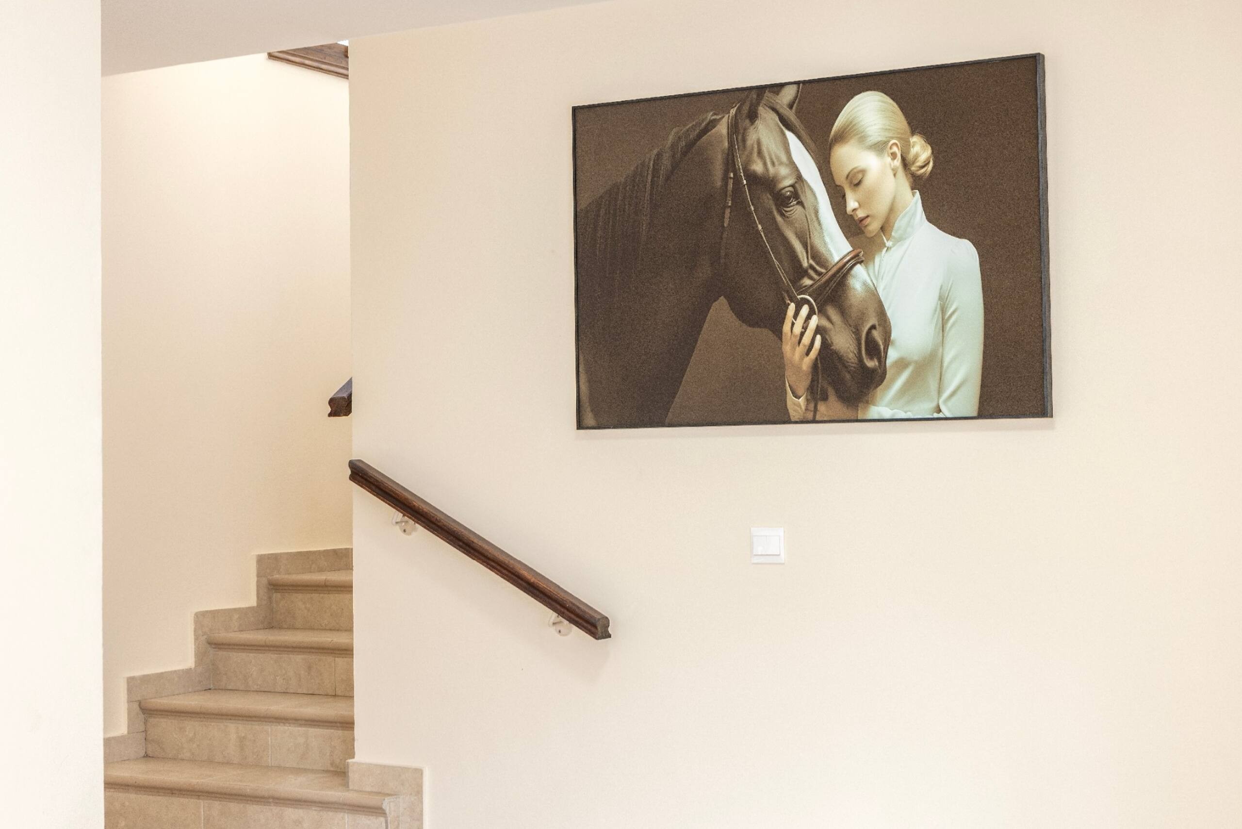 Stone staircase with wooden handrail and framed artwork at Villa Poseidon